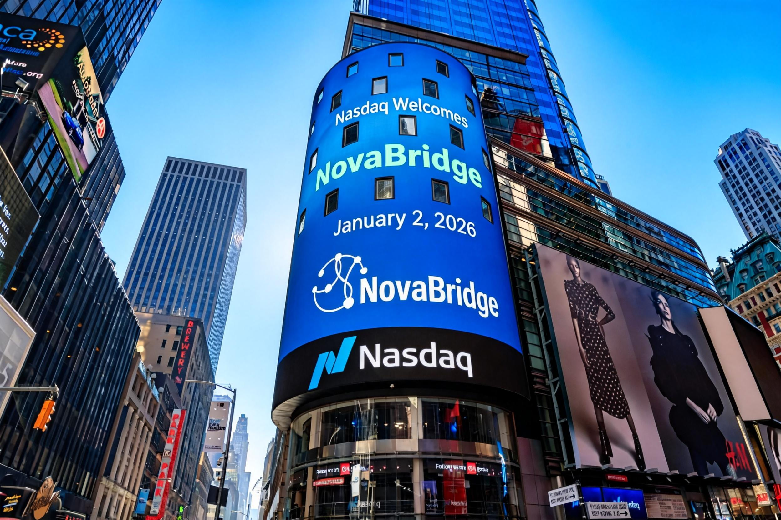  时代广场的纳斯达克大楼屏幕欢迎 NovaBridge，日期为 2026 年 1 月 2 日。